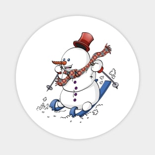 A snowman on skies with a red hat Magnet